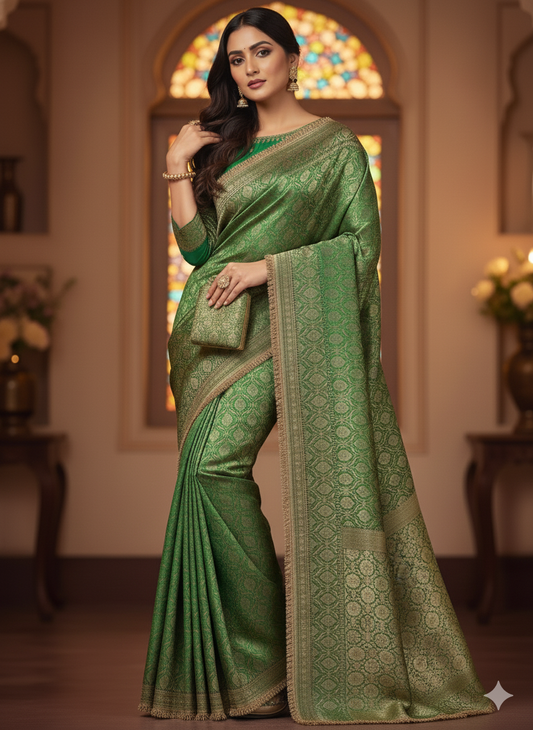 Exquisite Emerald Green Banarasi Silk Saree | All-Over Gold Zari Floral Weave | Royal Wedding Collection