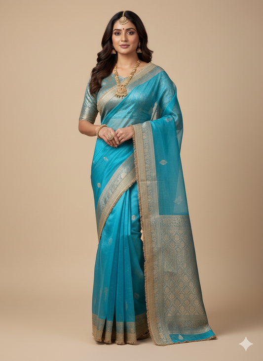 Sky Blue Organza Saree: Zari Weave & Fringe - Festive/Party