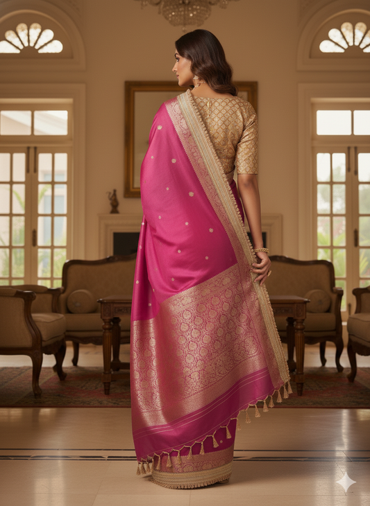 Vibrant Pink Silk Blend Saree: Zari & Fringe - Festive/Wed