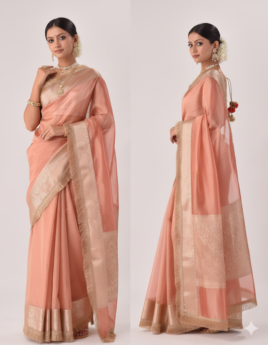 Elegant Peach Linen Silk Saree | Subtle Gold Zari Border & Fringe Pallu
