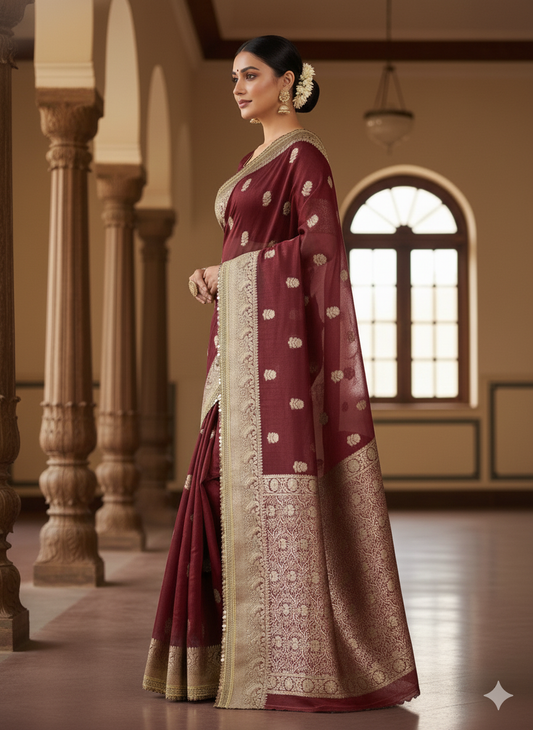 Maroon Silk Saree: Zari Buti & Border - Wedding/Festive Wear