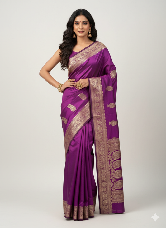 Royal Amethyst Purple Kanjivaram Silk Saree | Heavy Gold Zari Paisley Weave