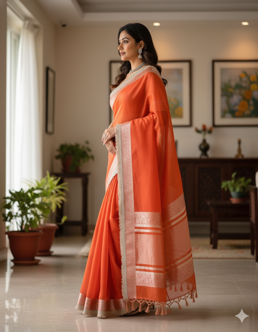 Vibrant Orange Organza Saree: Zari & Fringe Border - Festive