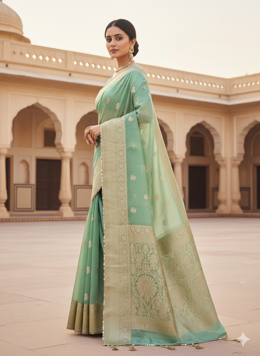 Mint Green Organza Saree: Zari & Sequin Border - Festive/Party