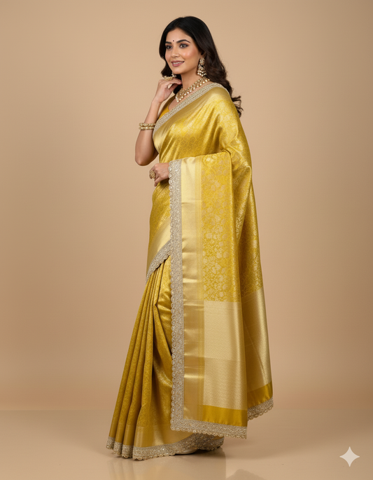 Yellow Glass Tissue Brocade Saree | Handcrafted Zari Lace