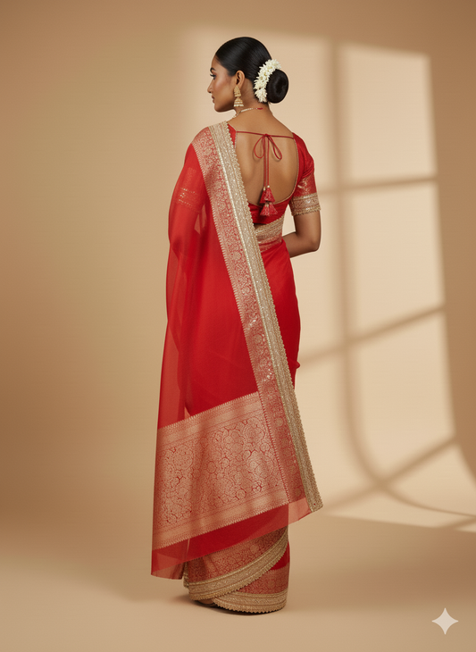 Exquisite Handcrafted Red Bridal Saree with Fancy Zari Lace Borders | Premium Festive Wear