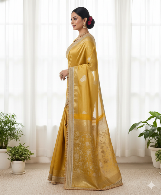 Golden Yellow Organza Silk Saree: Zari & Fringe - Haldi/Festive