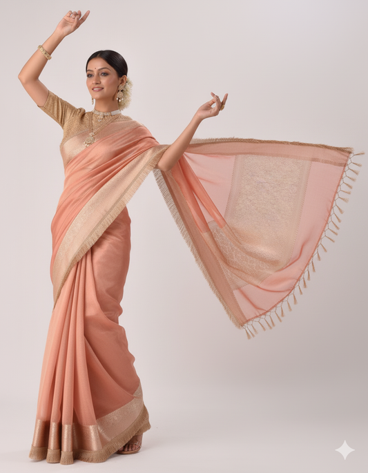 Elegant Peach Linen Silk Saree | Subtle Gold Zari Border & Fringe Pallu