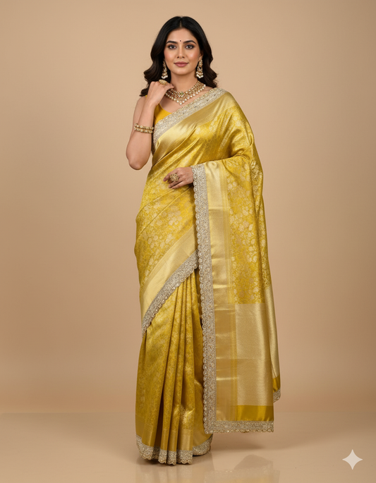 Yellow Glass Tissue Brocade Saree | Handcrafted Zari Lace