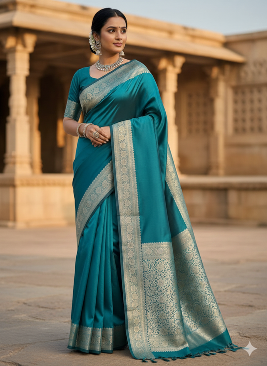 Teal Blue Kanchipuram Silk Saree: Grand Zari Weave - Wedding