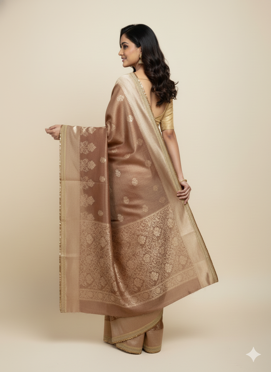 Rose Gold Organza Saree: Zari & Sequin Border - Festive/Party