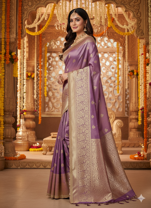 Lavender Silk Saree: Zari Weave & Sequin Border - Wedding/Festive