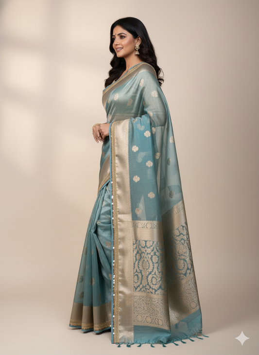 Aqua Blue Organza Saree: Zari & Sequin Border - Festive/Party