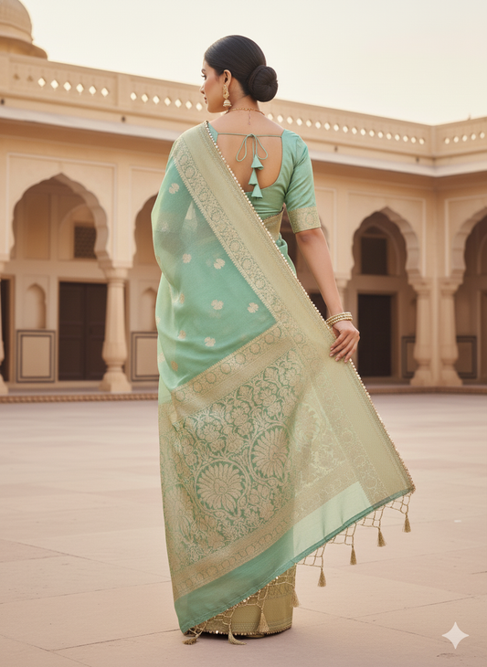 Mint Green Organza Saree: Zari & Sequin Border - Festive/Party