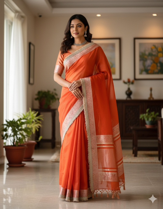 Vibrant Orange Organza Saree: Zari & Fringe Border - Festive