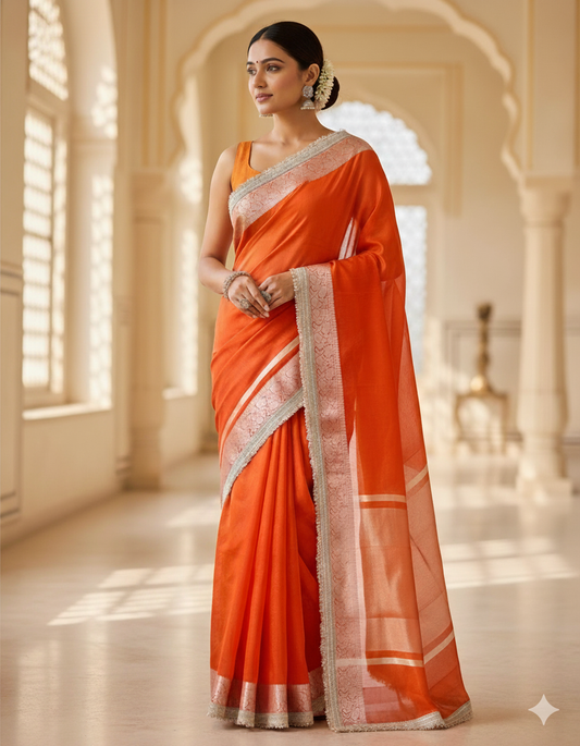 Elegant Saffron Orange Linen Silk Saree | Luxurious Silver Zari Heavy Border | Summer Festive Wear