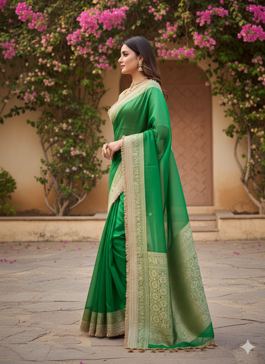 Emerald Green Organza Saree: Zari Weave & Fringe - Festive