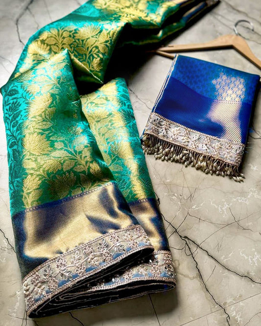 Emerald Green & Royal Blue Silk Saree with Golden Zari Weave & Tassels