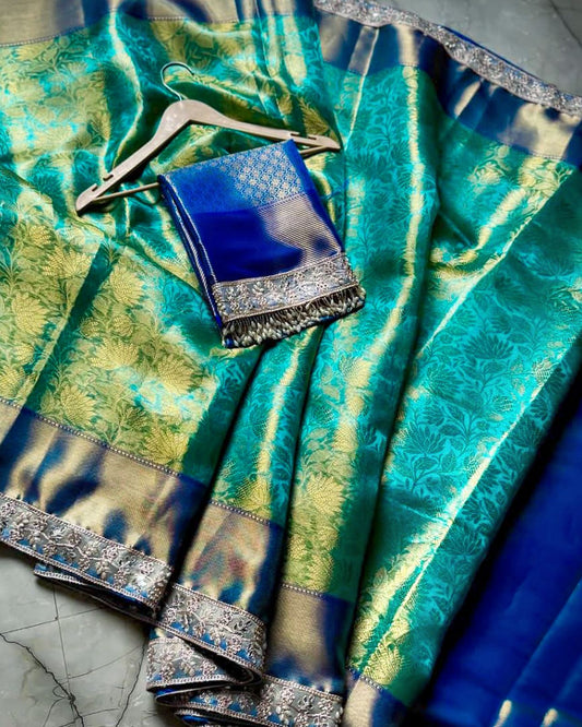 Emerald Green & Royal Blue Silk Saree with Golden Zari Weave & Tassels