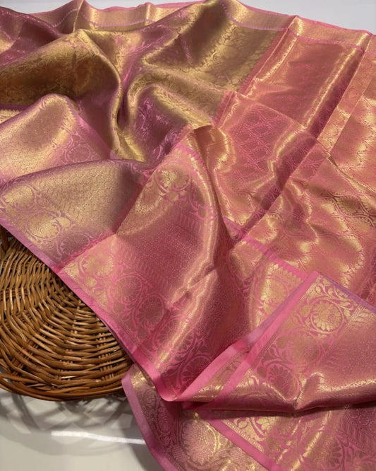 Peach Tissue Tanchui Saree with All-Over Golden Zari Weave