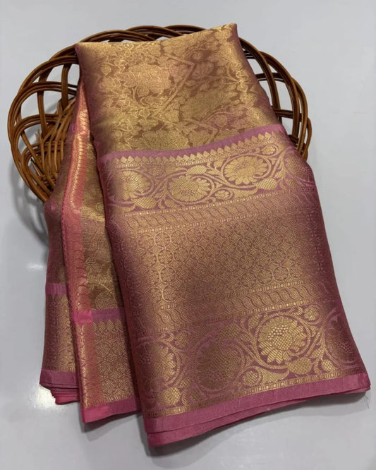 Peach Tissue Tanchui Saree with All-Over Golden Zari Weave