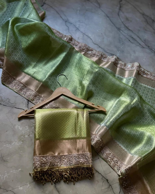 Glass Tissue Saree with Floral Brocade & Lace Border