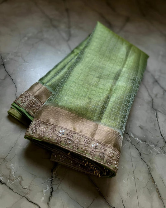 Glass Tissue Saree with Floral Brocade & Lace Border