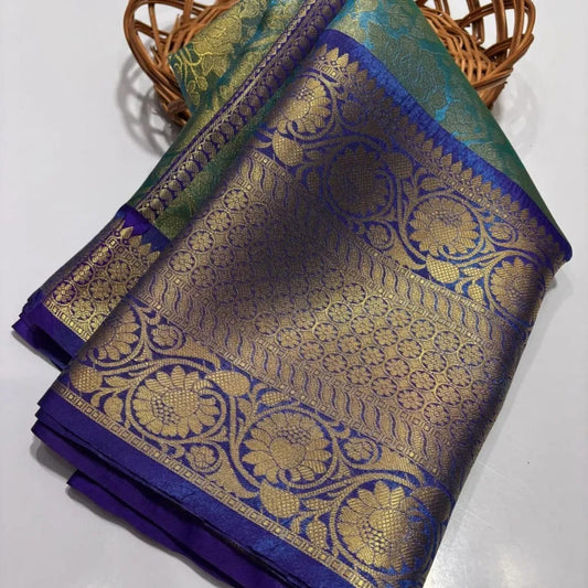 Classic Blue & Green Tissue Tanchui Saree with Zari Weave & Long Borders