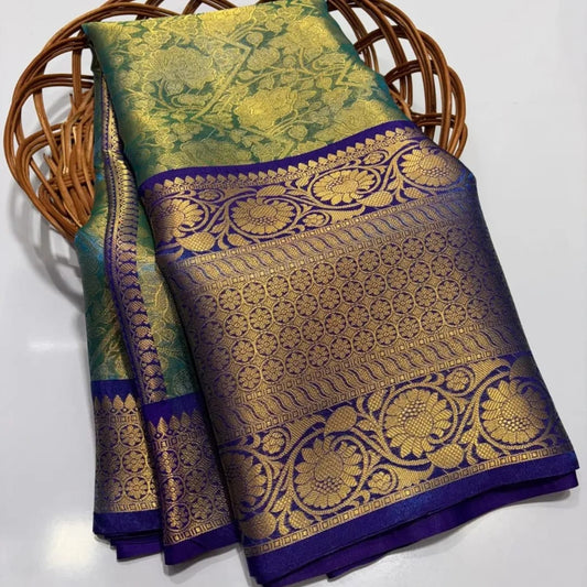 Classic Blue & Green Tissue Tanchui Saree with Zari Weave & Long Borders