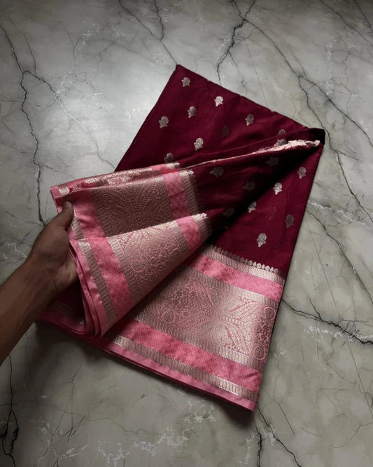 Maroon Silk Saree with Butti Work & Contrast Brocade Border