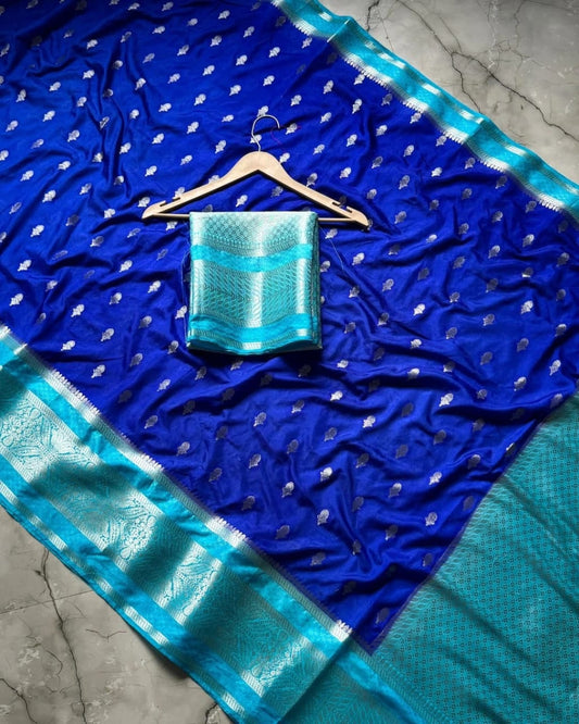 Elegant Navy Blue Saree with Silver Butti & Light blue Brocade Border
