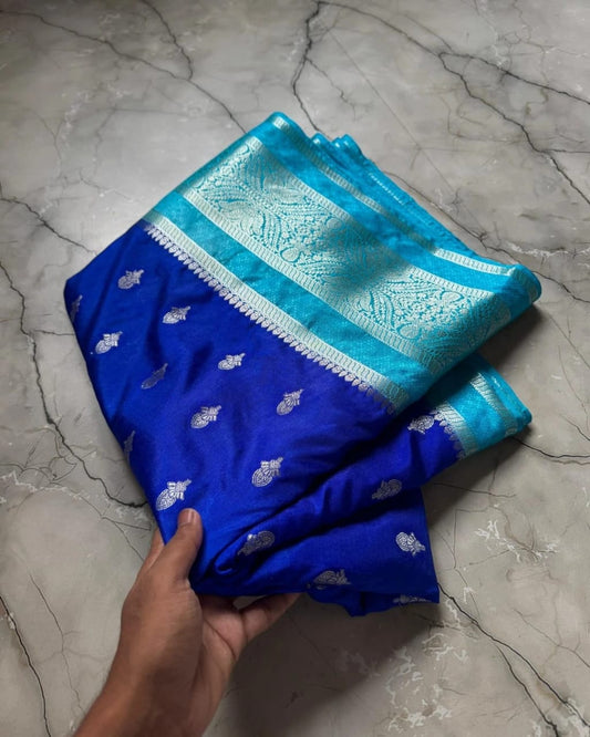 Elegant Navy Blue Saree with Silver Butti & Light blue Brocade Border