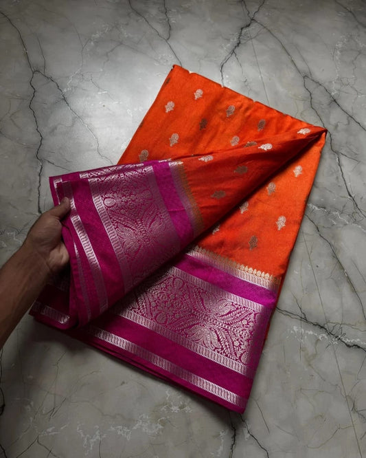 Vibrant Orange Silk Saree with Butti Motifs & Contrast Pink Brocade Border