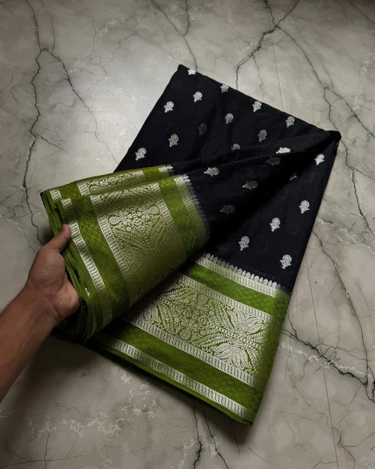 Elegant Dark Blue Saree with Silver Butti & Light Green Brocade Border