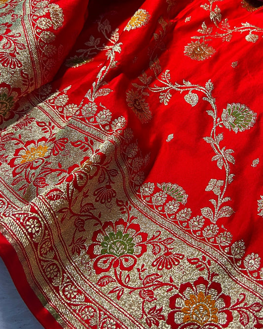 Delicate Red Silk Saree with All-Over Gold Brocade Weaving