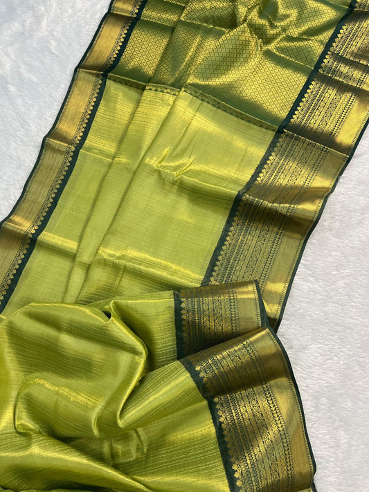 Elegant Lime Green Katan Silk Saree with Dark Green Border and Zari Weave