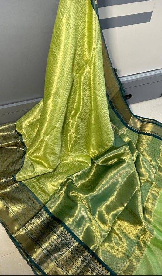 Elegant Lime Green Katan Silk Saree with Dark Green Border and Zari Weave