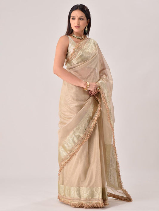 Beige Organza Silk Saree: Zari Weave & Fringe - Wedding/Party
