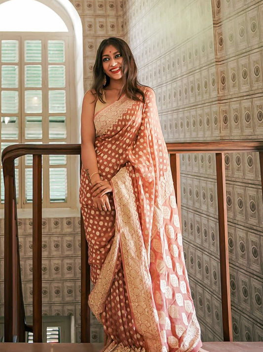 Peach Tissue Brocade Saree | Handcrafted Zari | Festive Wear