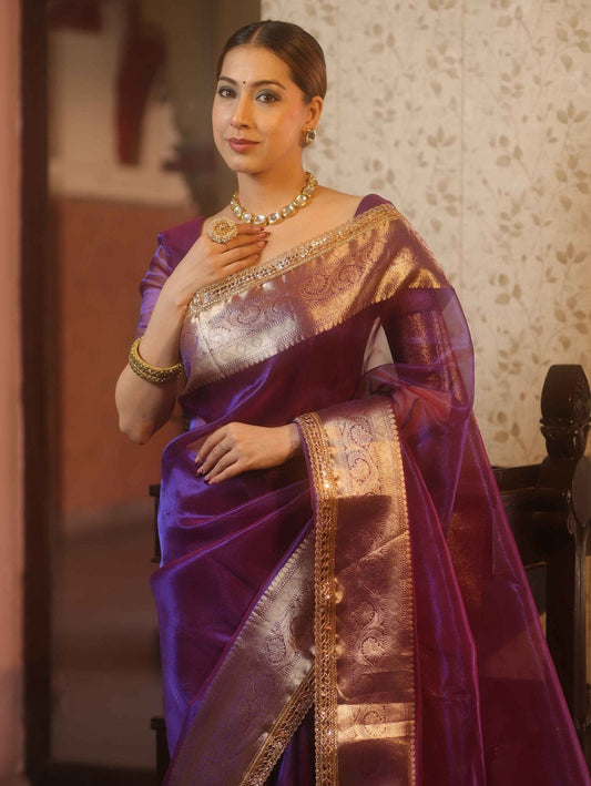 Royal Purple Banarasi Organza Silk Saree with Gold Zari with Rich Golden Zari Banarasi Border | Festive & Wedding Wear