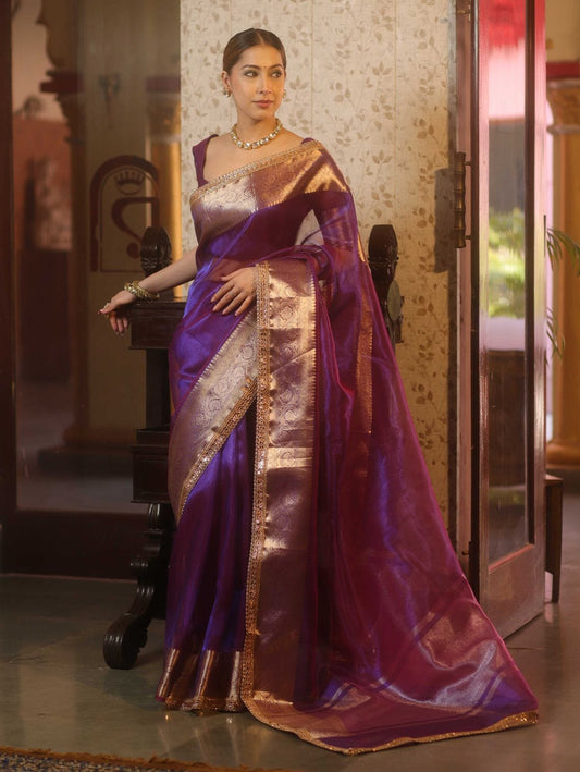 Royal Purple Banarasi Organza Silk Saree with Gold Zari with Rich Golden Zari Banarasi Border | Festive & Wedding Wear
