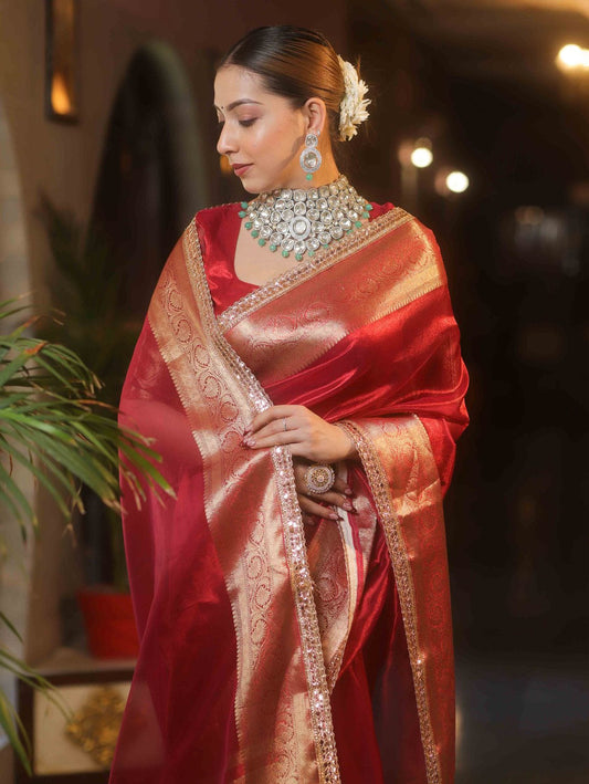 Classic Red Organza Silk Saree with Luxurious Golden Banarasi Zari Border | Bridal & Festive Wear