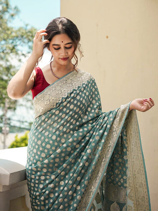 Sage Green Raw Mango Chiffon Saree | Zari Weaving | Exclusive