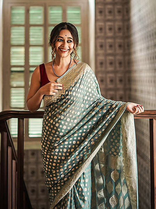 Sage Green Raw Mango Chiffon Saree | Zari Weaving | Exclusive
