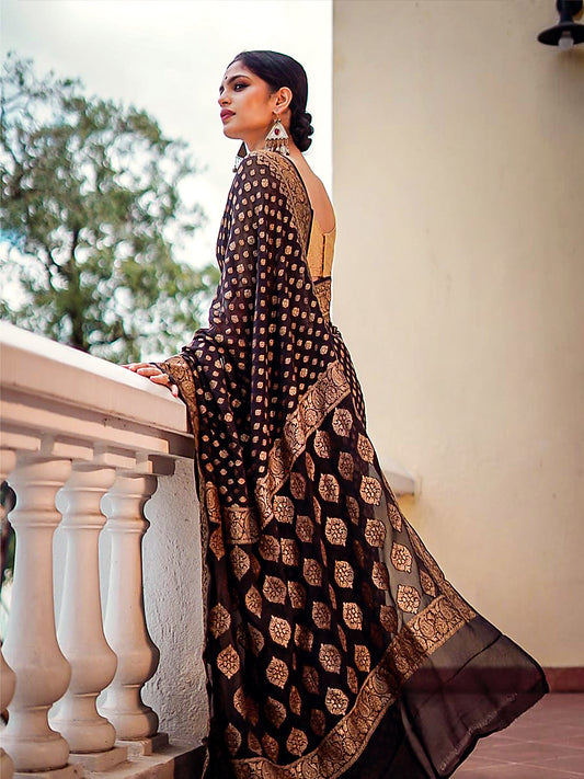 Chocolate Raw Mango Chiffon Saree | Zari Weaving | Exclusive