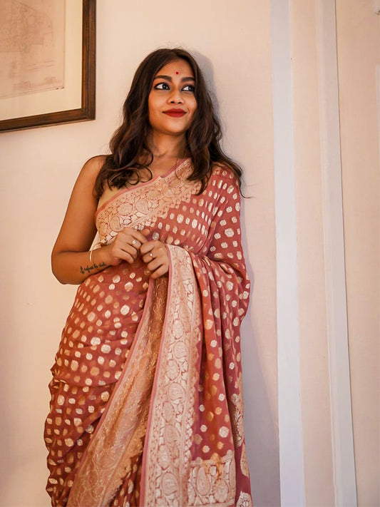 Peach Tissue Brocade Saree | Handcrafted Zari | Festive Wear