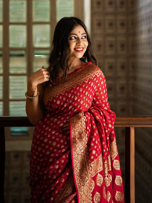 Red Raw Mango Chiffon Saree | Zari Weaving | Exclusive Ethnic