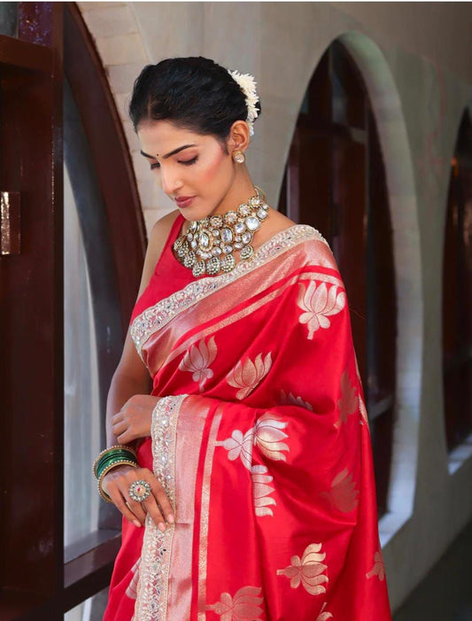 Opulent Ruby Red Banarasi Silk Saree with Gold & Silver Zari Lotus Motifs