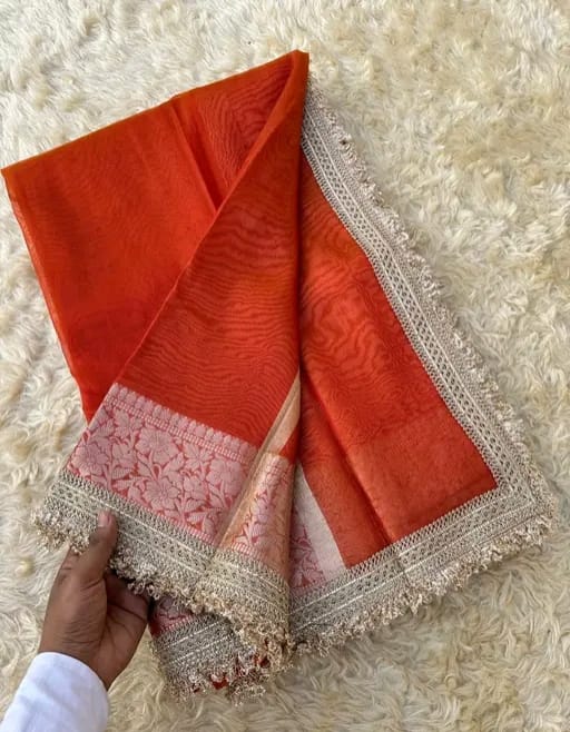 Elegant Saffron Orange Linen Silk Saree | Luxurious Silver Zari Heavy Border | Summer Festive Wear