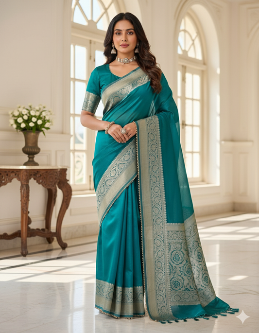 Teal Green Silk Blend Saree: Zari Border & Fringe - Festive